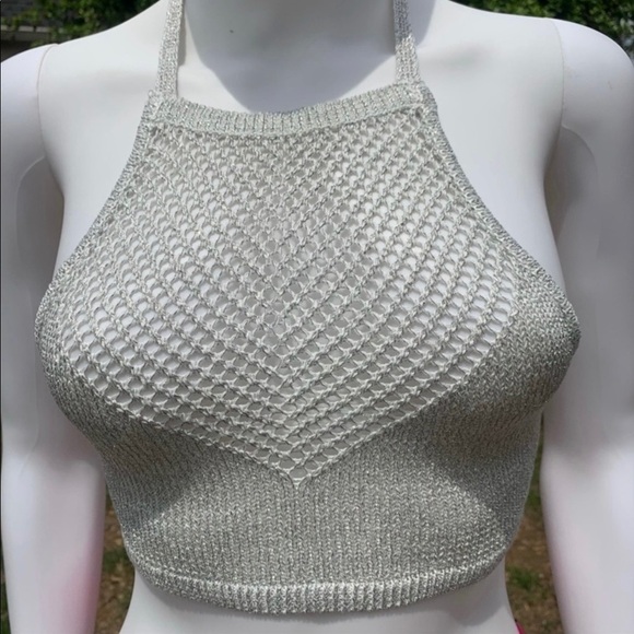 💋NWT Lovers + friends silver metallic halter bikini swim top - Picture 4 of 13